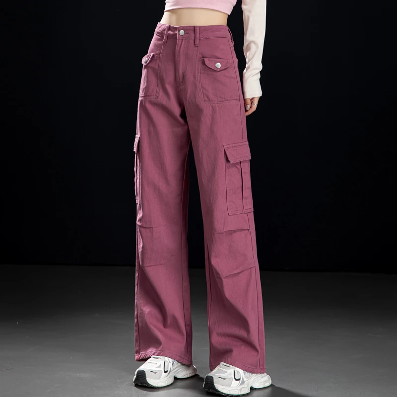 粉色美式高街工装裤女2025秋季复古多口袋设计宽松百搭阔腿直筒裤