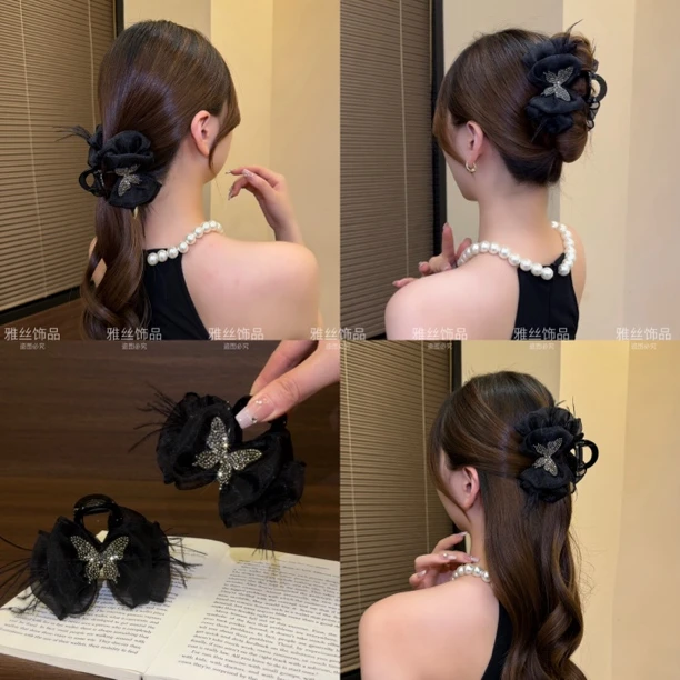 雅丝 高级感灵动蝴蝶气质网纱羽毛抓夹法式优雅高颅顶后脑勺发夹