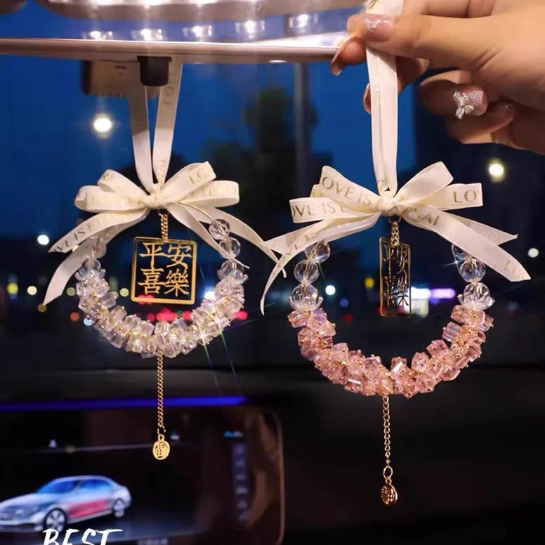 汽车圆形水晶方糖车载后视镜装饰挂件创意水晶女生车挂饰精致车饰