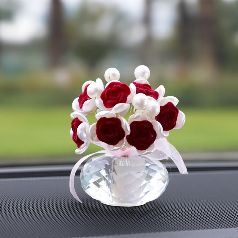 浪漫玫瑰花创意车载香薰摆件汽车内装饰水晶香水香氛摆件精致红色