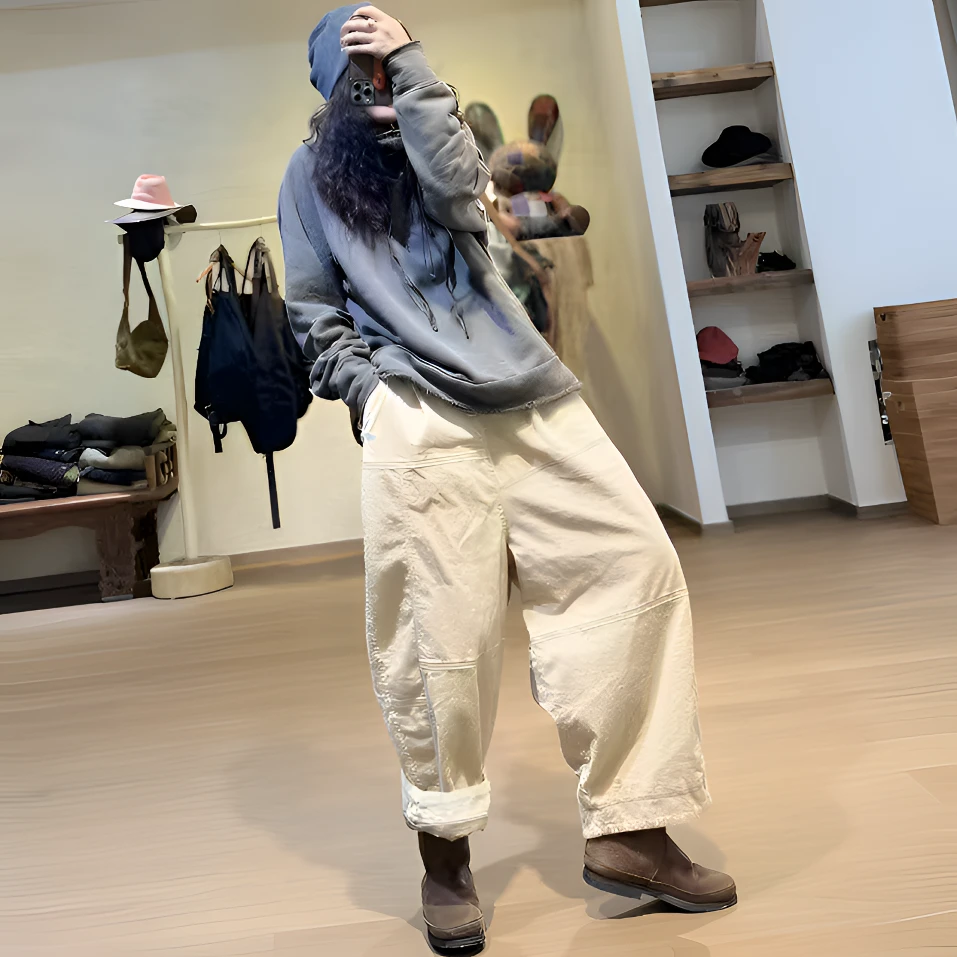 忆古朴拙原创设计休闲百搭保暖舒适双层坑条撞色线休闲裤2410929