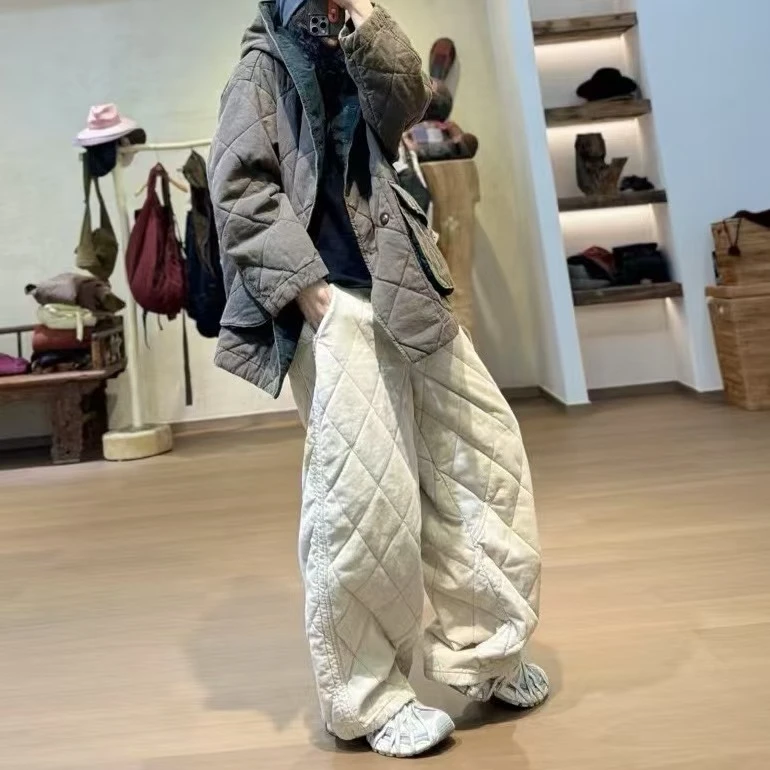 忆古朴拙241132时尚百搭气质款坑条切格休闲棉裤