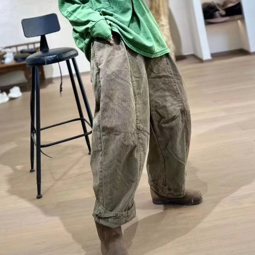 衣牧了然221214春夏款亚麻高品复古长裤百搭宽松女士水泥灰休闲裤