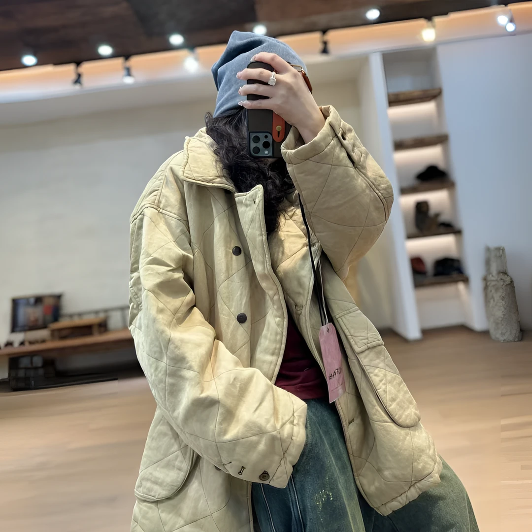 忆古朴拙241015原创设计气质时尚混纺色织麻翻领菱形格大口袋棉衣