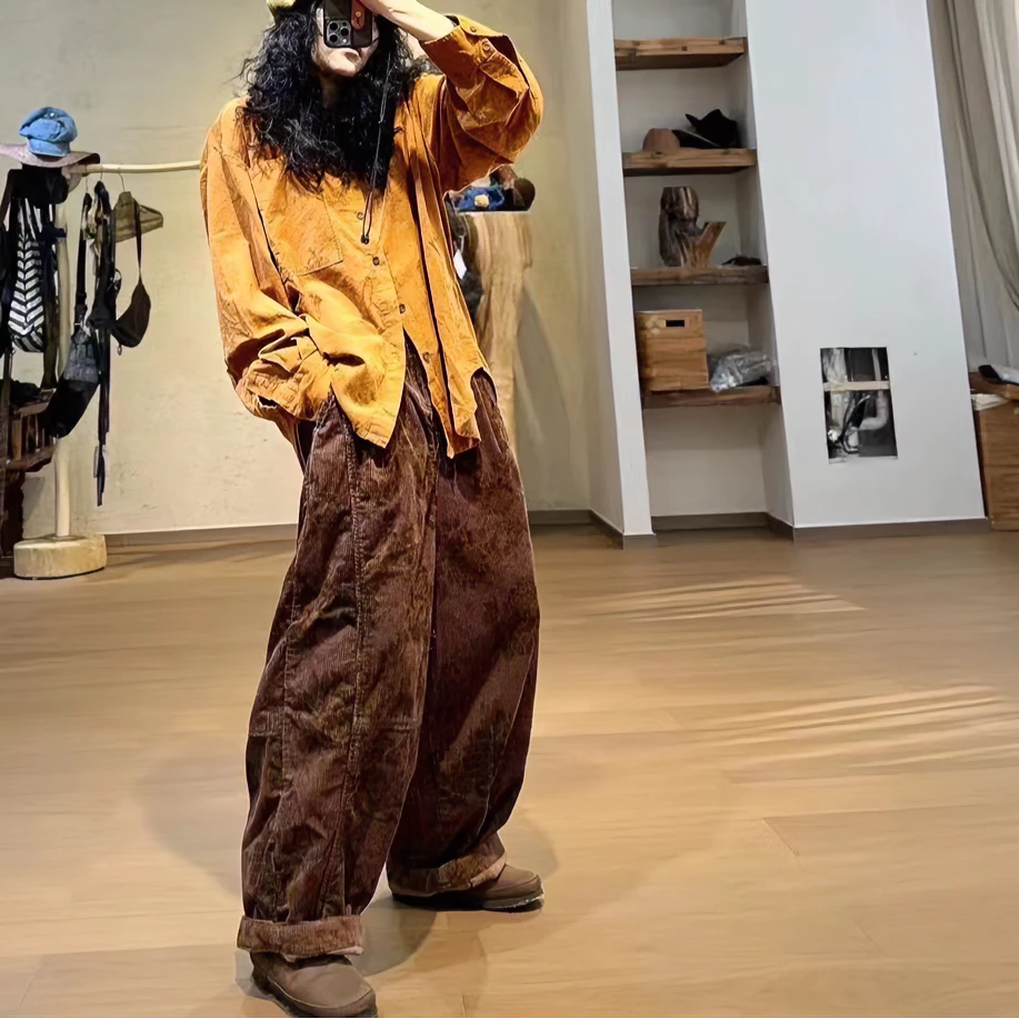 忆古朴拙原创设计复古百搭休闲混纺坑条印花休闲裤231016-1