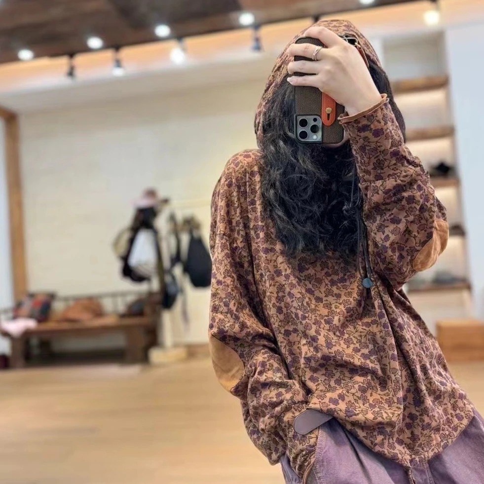 忆古朴拙240415-1百搭复古宽松印花针织戴帽打底衫卫衣