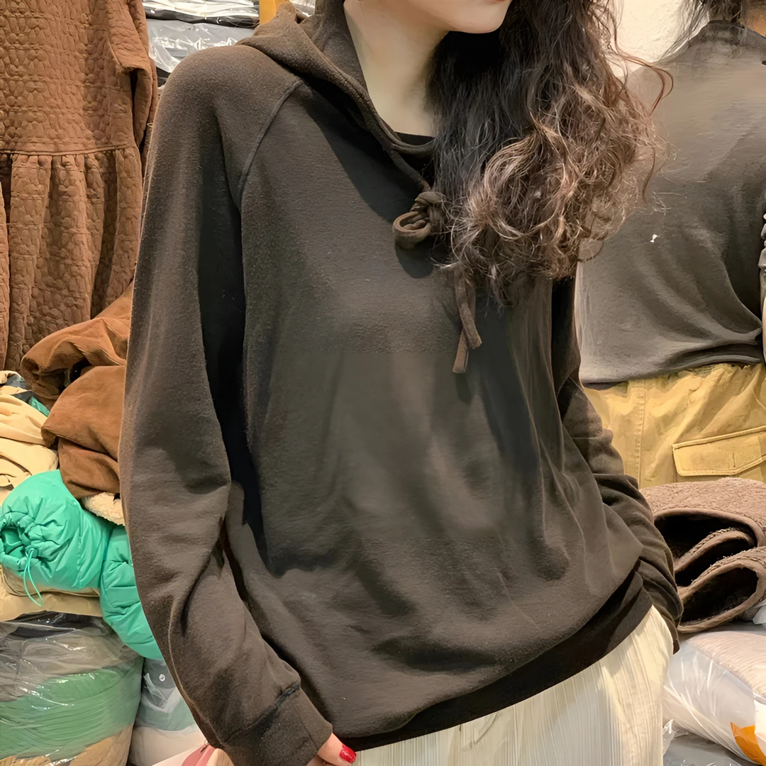 忆古朴拙221001秋冬纯色棉麻休闲长袖宽松加绒带帽套头打底卫衣