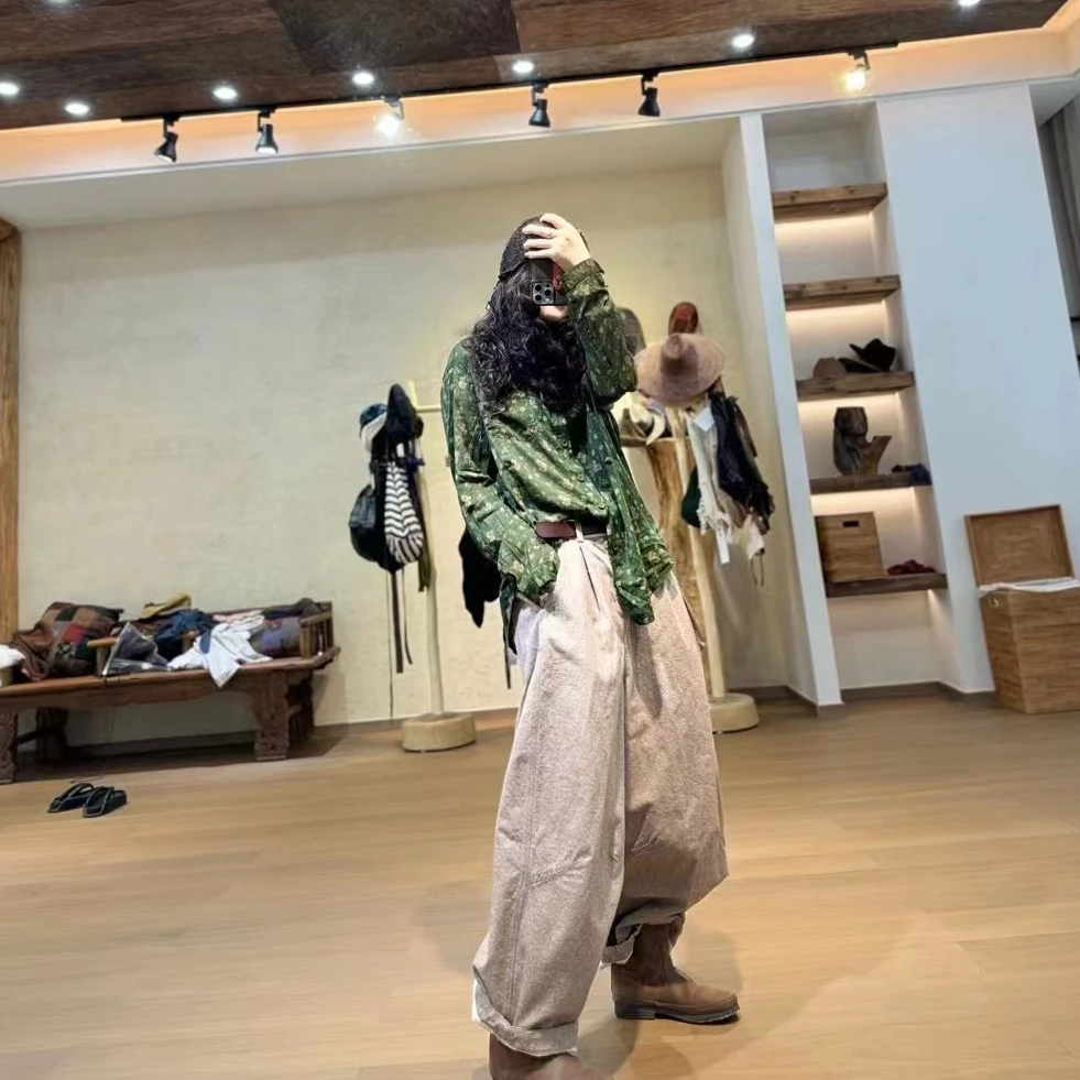 忆古朴拙240739 复古宽松休闲时尚做旧色织棉后袋撞色休闲裤