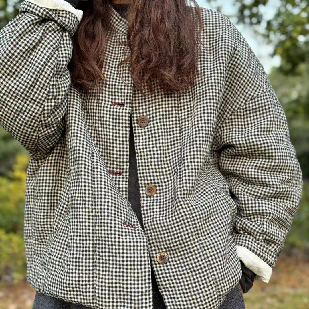 忆古朴拙220825-3秋冬复古做旧色织亚麻通勤款立体口袋小棉服女