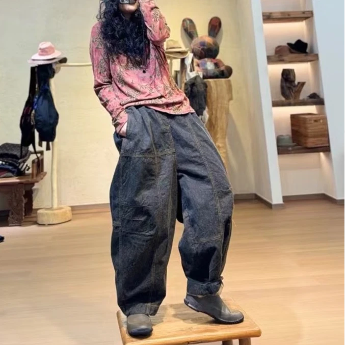 忆古朴拙原创设计秋季·休闲百搭色织亚麻三线褶皱休闲长裤240740