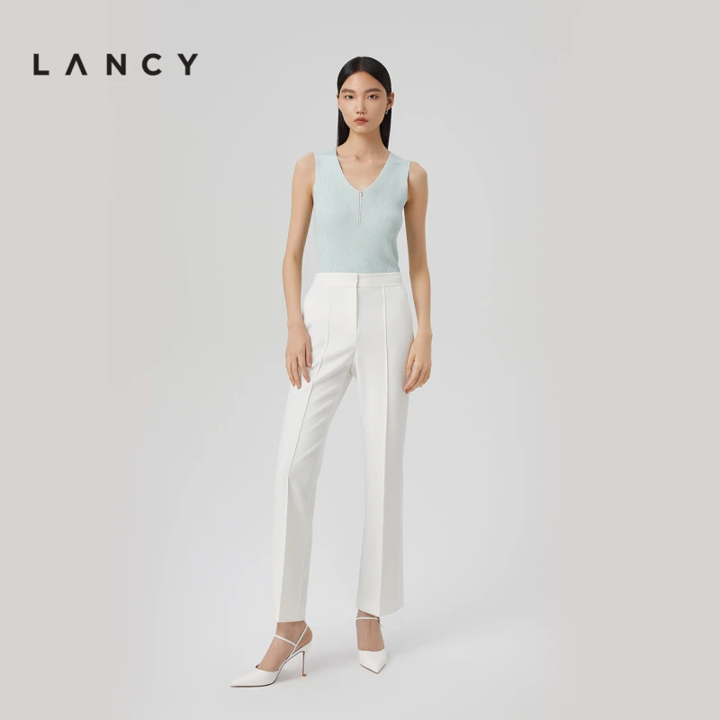 LANCY/朗姿2023春季新款白色设计感高级西装裤阔腿裤子女休闲裤