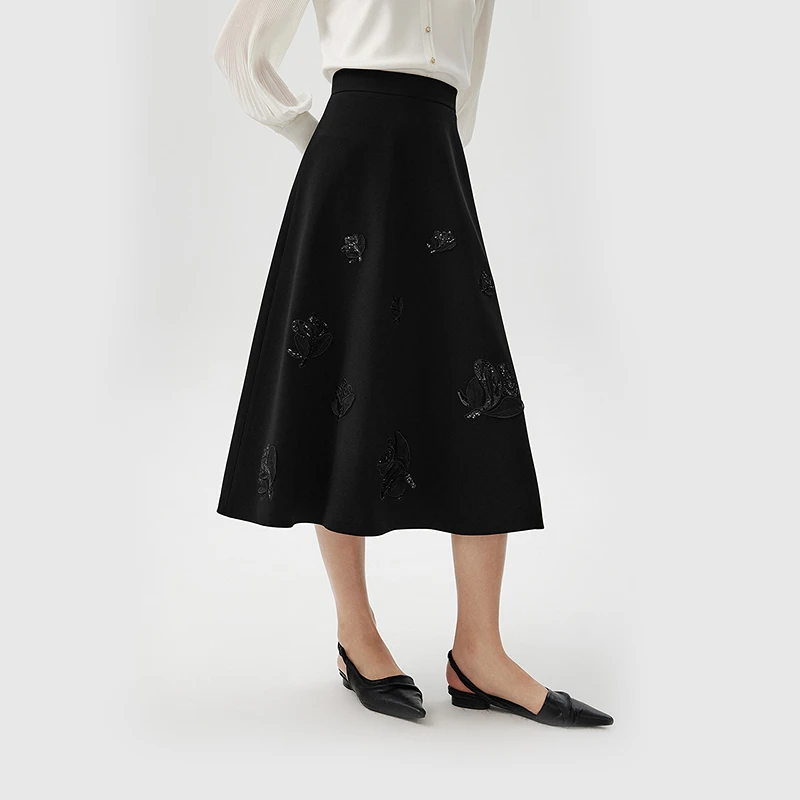 LANCY/朗姿2024春季新款黑色印花复古优雅连衣裙女中长款醋酸裙子