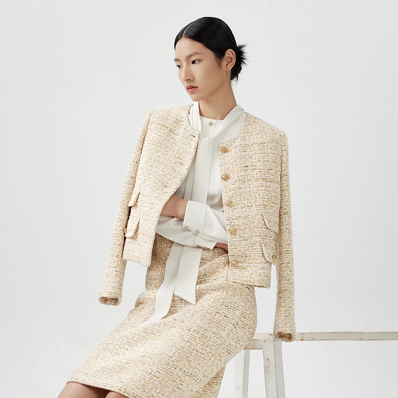 薄荷曼波LANCY/朗姿春季新款棉质小香风短外套气质精致高级感