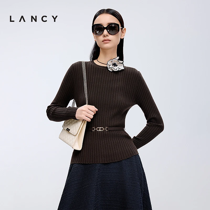 【100%羊毛】LANCY/朗姿2025年春新款修身坑条针织衫女气质打底衫