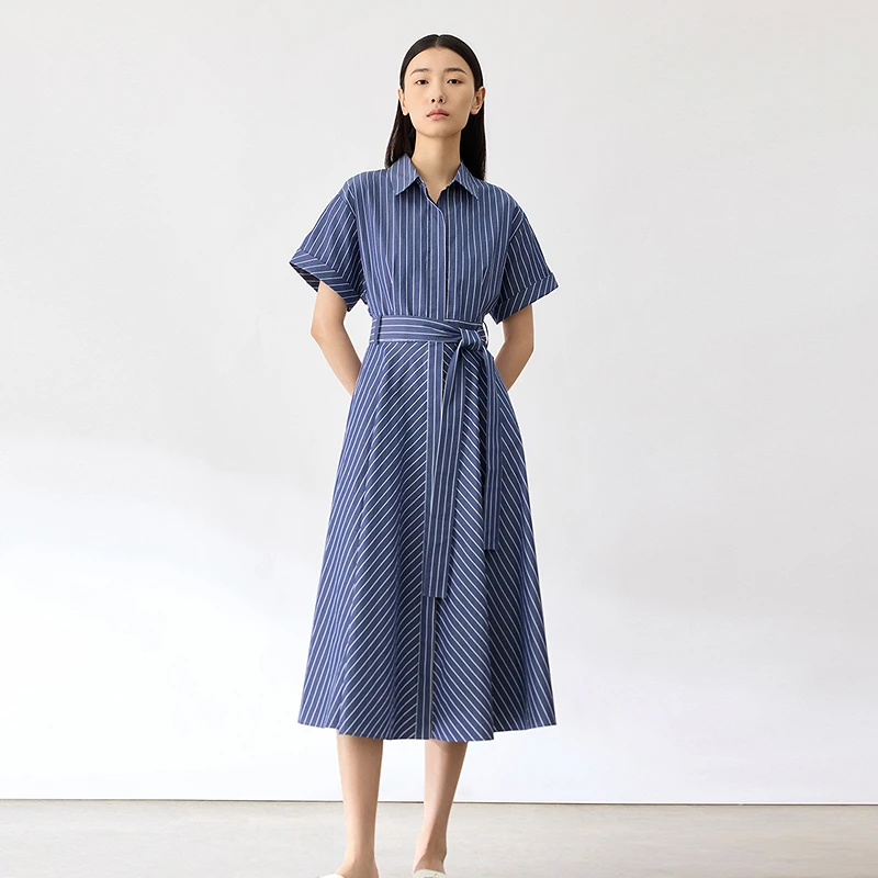 LANCY/朗姿2024夏季新款条纹法式衬衫连衣裙女短袖裙子