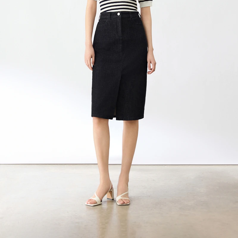 LANCY/朗姿2024夏季新款高腰藏青牛仔半身裙前开衩女