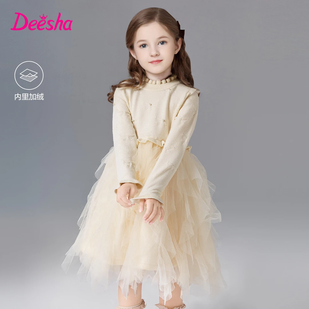 笛莎女童秋冬加绒长袖连衣裙儿童蝴蝶结提花毛织公主裙-93245U302