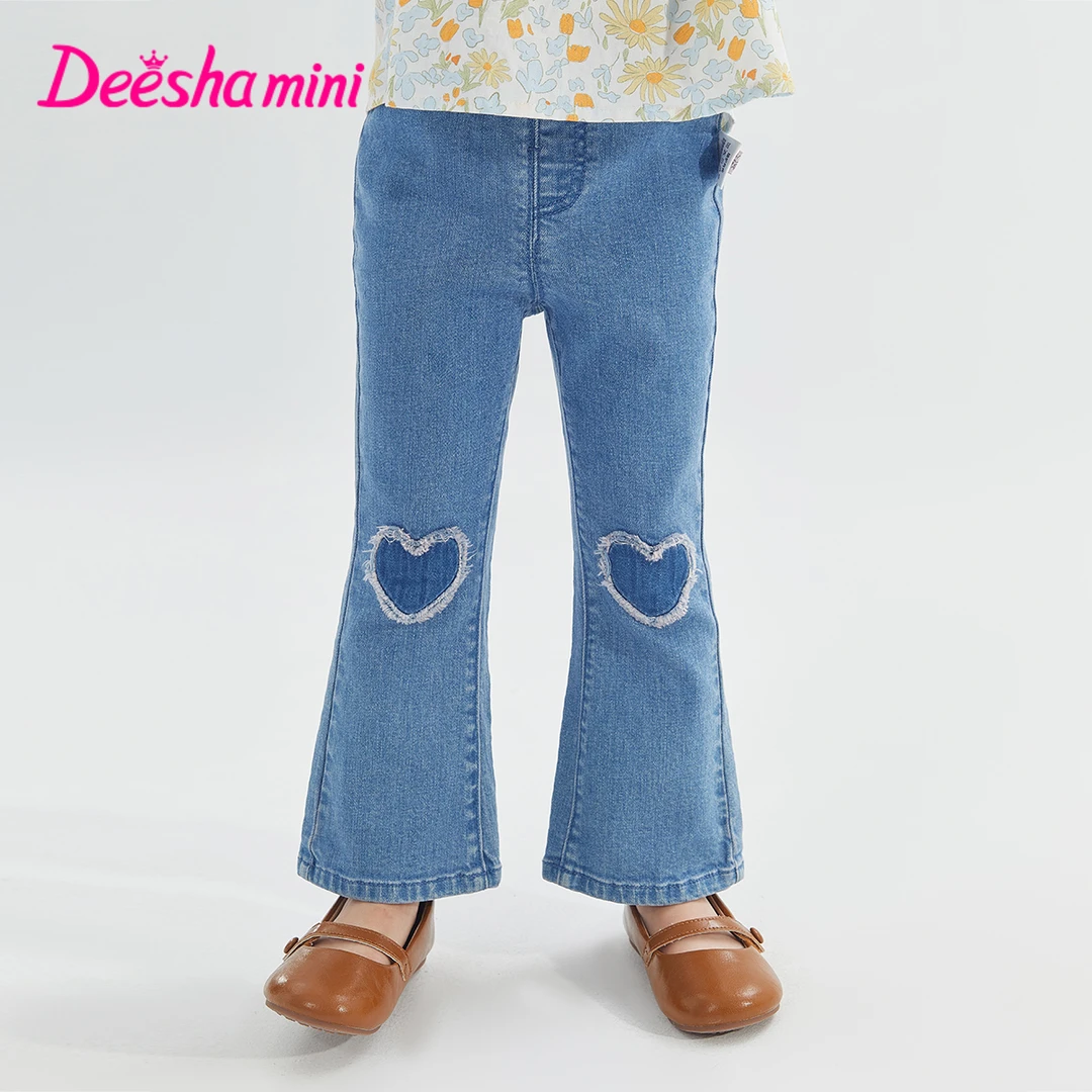 D笛莎童装女童秋季新款儿童长裤爱心布贴装饰微喇牛仔裤13243B802