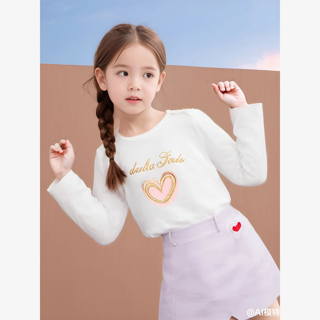 笛莎童装女童T恤春秋中大童长袖爱心打底衫百搭T恤上衣-B32210601
