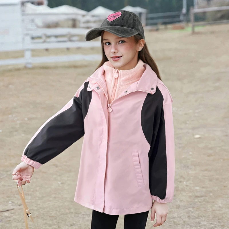 笛莎女童三防连帽撞色外套儿童秋冬季三穿防风保暖外套-732446011