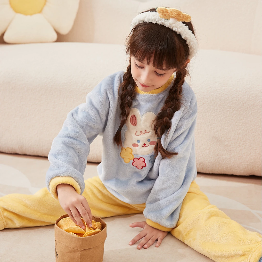 【秋冬款】笛莎儿童法兰绒睡衣秋冬季女童加厚舒适毛绒家居服套装