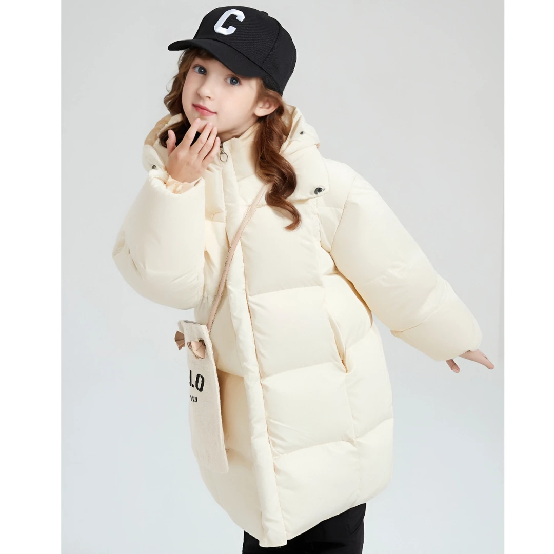 笛莎纯色连帽保暖羽绒服儿童中长款简约立领外套中大童-732456518