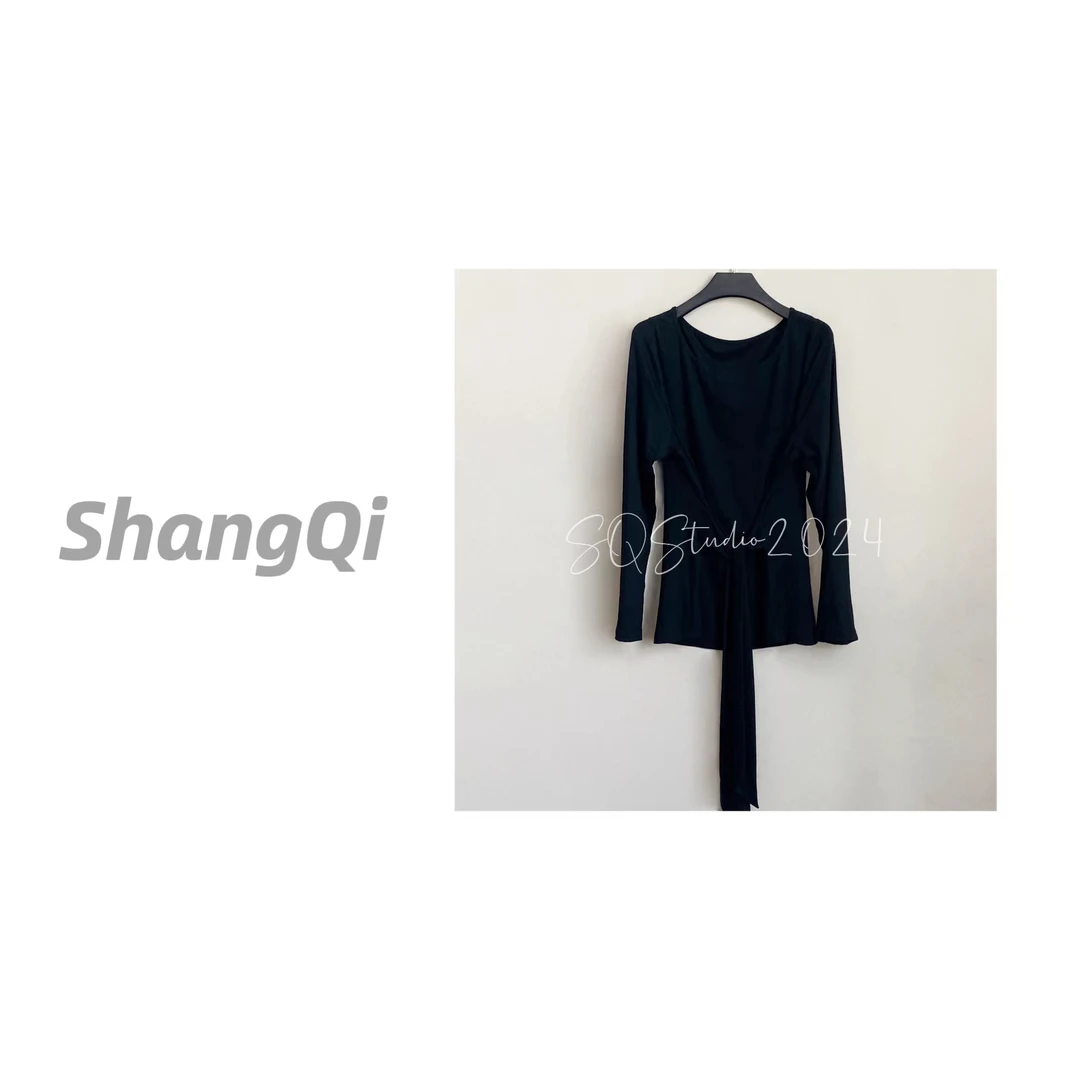 【系带慵懒上衣】黑色气质百搭休闲系带显瘦优雅T恤--K259卡码拍小