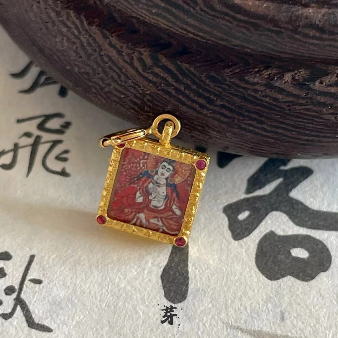 唐卡●度母大黑天双面●18K金镶嵌吊坠多样性发其一#8767