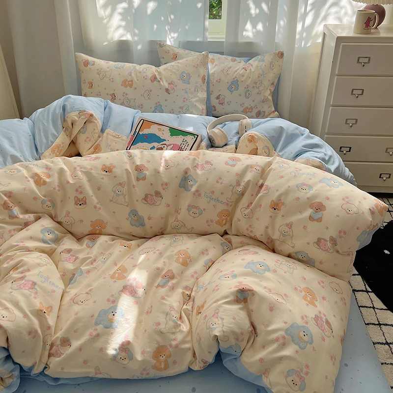 ins风可爱卡通全棉四件套纯棉被套床单宿舍儿童三件套床上用品