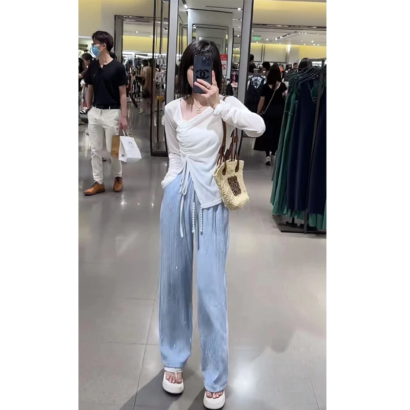 时尚休闲套装女春夏V领抽绳轻薄防晒上衣闪钻裤子直筒长裤两件套