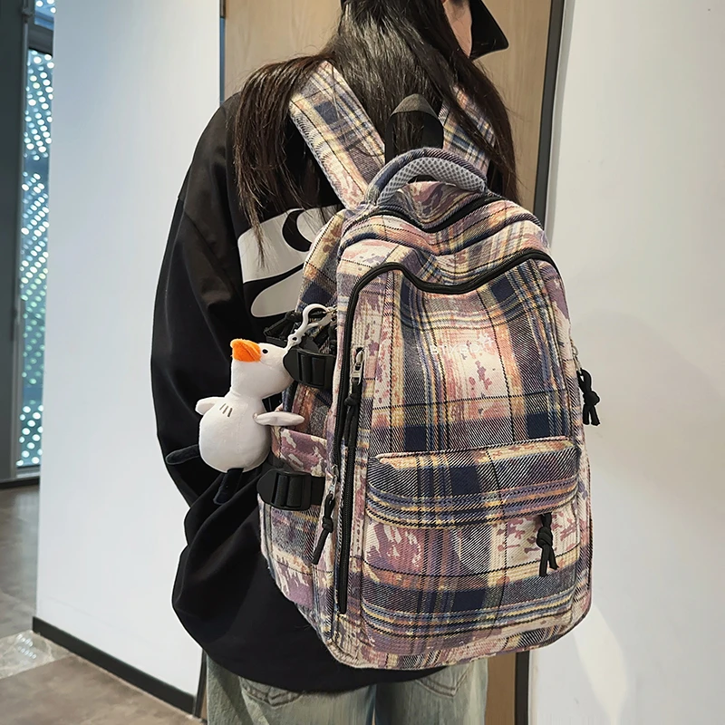 书包女生初中生日系复古格子双肩包女高中大学生百搭大容量背包男