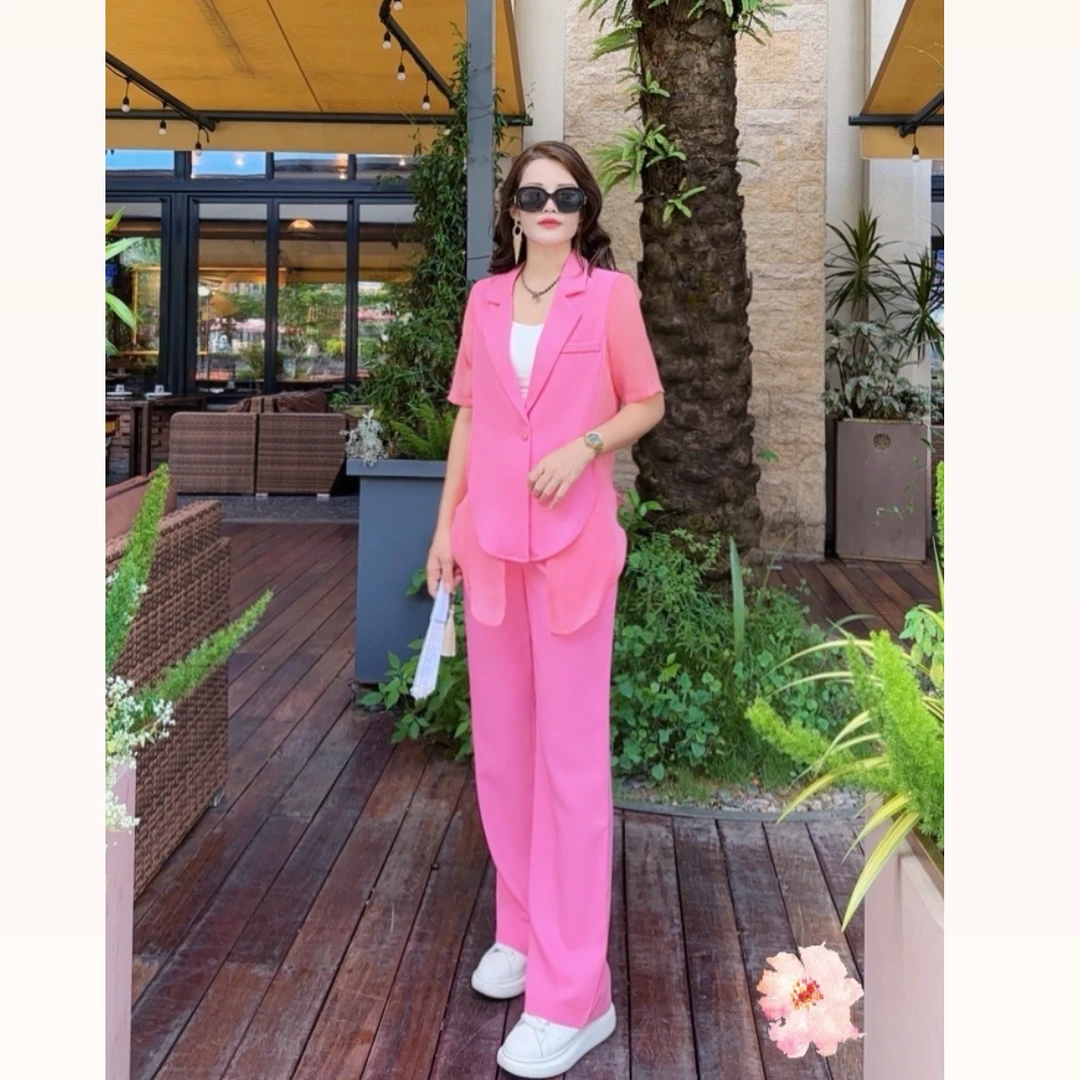 金思思【私服定制】夏女神气质洋气减龄显瘦直腿短袖套装纯色长裤