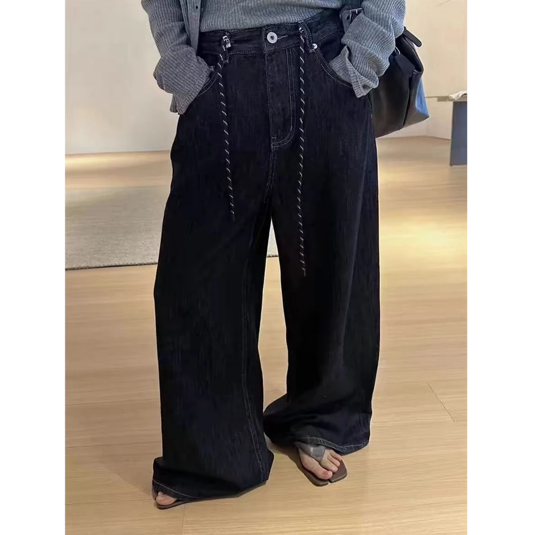 韩版春夏新款拼接设计感宽松直筒裤女复古高腰显瘦抽绳阔腿牛仔裤