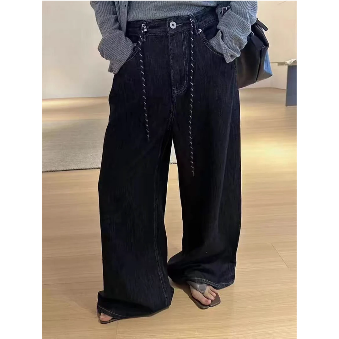 韩版宽松阔腿裤抽绳设计感牛仔蓝牛仔裤女秋冬高腰宽松直筒拖地裤