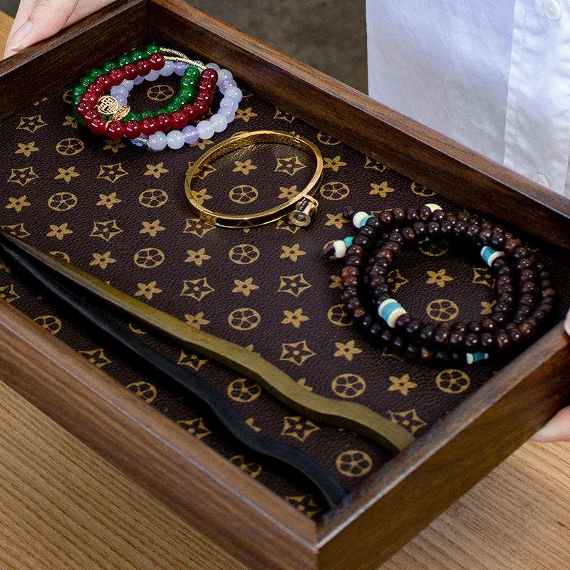 办公家用复古风长方形轻奢客厅收纳盘茶水文玩中式托盘茶盘干泡盘