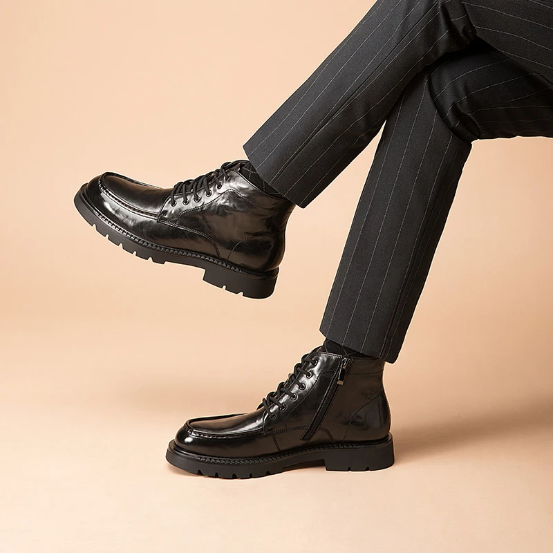 【增高3.5公分 有加绒】马丁靴男高帮皮鞋休闲工装靴英伦厚底短靴