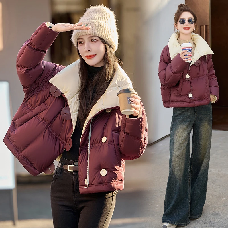 韩版时尚安哥拉红大翻领洋气宽松撞色拼接短款白银羽绒服冬季新款