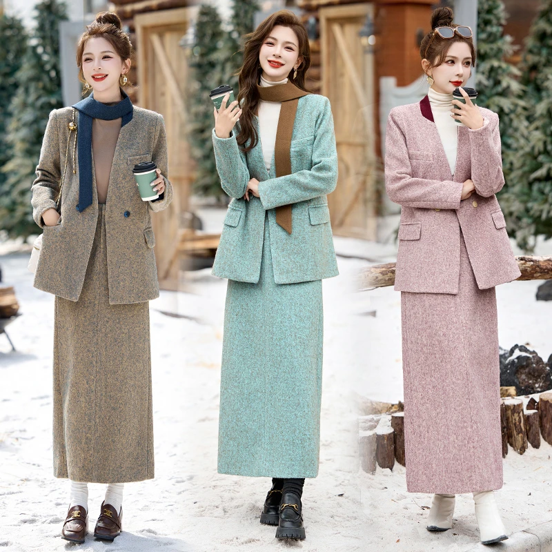 韩系穿搭女神范洋气时髦小香风毛呢外套半身裙两件一整套秋冬爆款