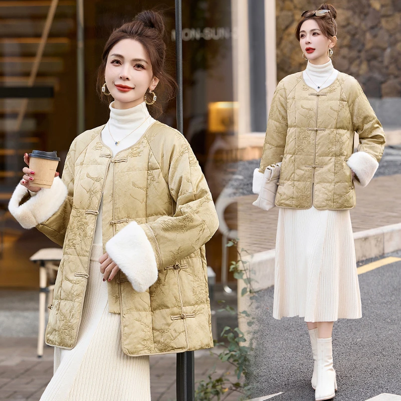 新中式国风复古人丝提花轻奢高级感中长款白鸭绒羽绒服冬季新款