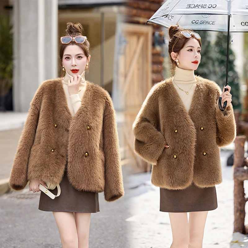秋冬爆款韩版宽松时尚气质高级感复古小香风短款皮毛一体毛毛外套