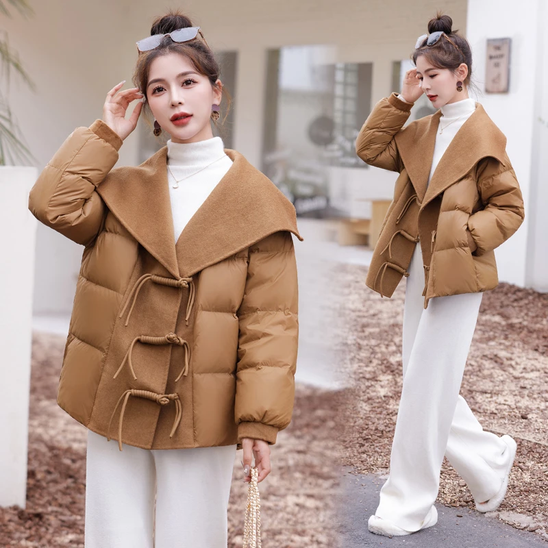 冬装爆款新中式国风盘扣翻领双面羊绒拼接宽松短款白鸭绒羽绒服