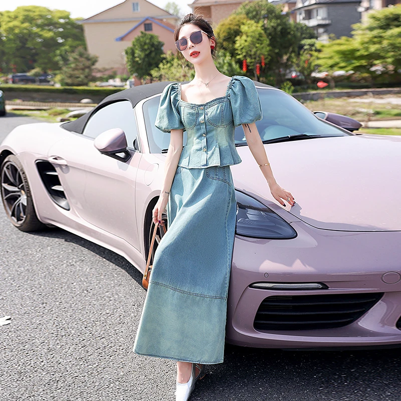 复古牛仔上衣半身裙两件套裙子夏季新款女神范洋气轻熟风时尚套装