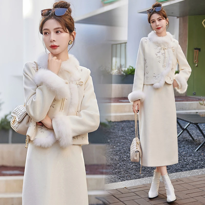 冬季新中式国风复古刺绣小香风名媛气质毛呢外套半身裙两件套装裙