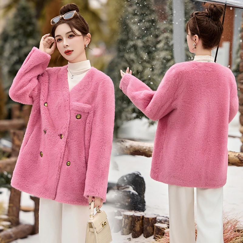 小个子韩版时尚气质洋气女神范宽松中长款皮毛一体外套秋冬新款