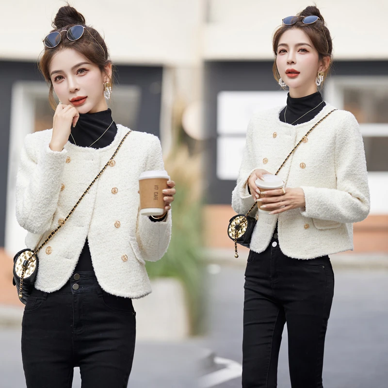 秋季新款韩版气质小香风小个子名媛洋气减龄短款粗花呢毛呢外套