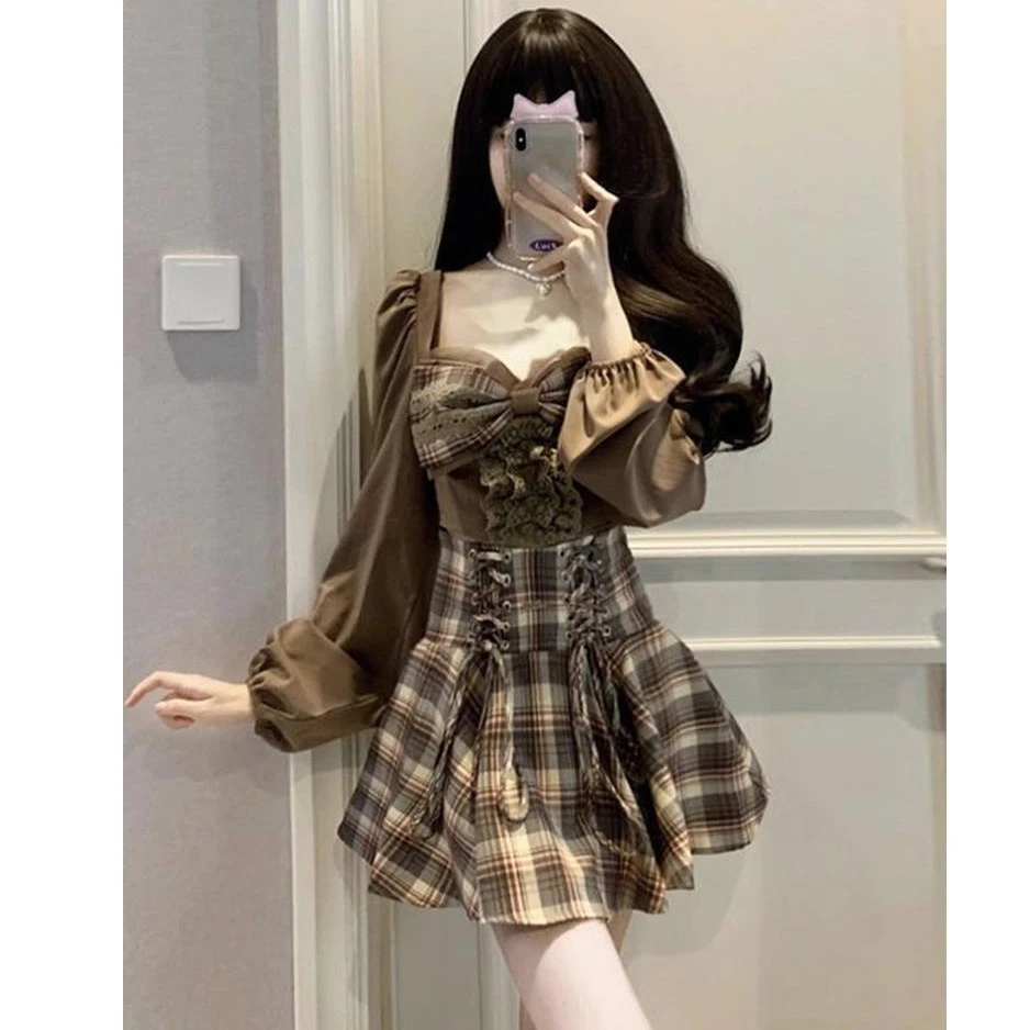 2023新款秋季甜美学院风长袖蝴蝶结衬衫上衣格纹高腰半身裙两件套