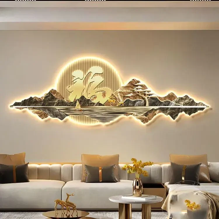 发财树客厅装饰画金色福字现代轻奢山水高档灯光画沙发墙背景挂画