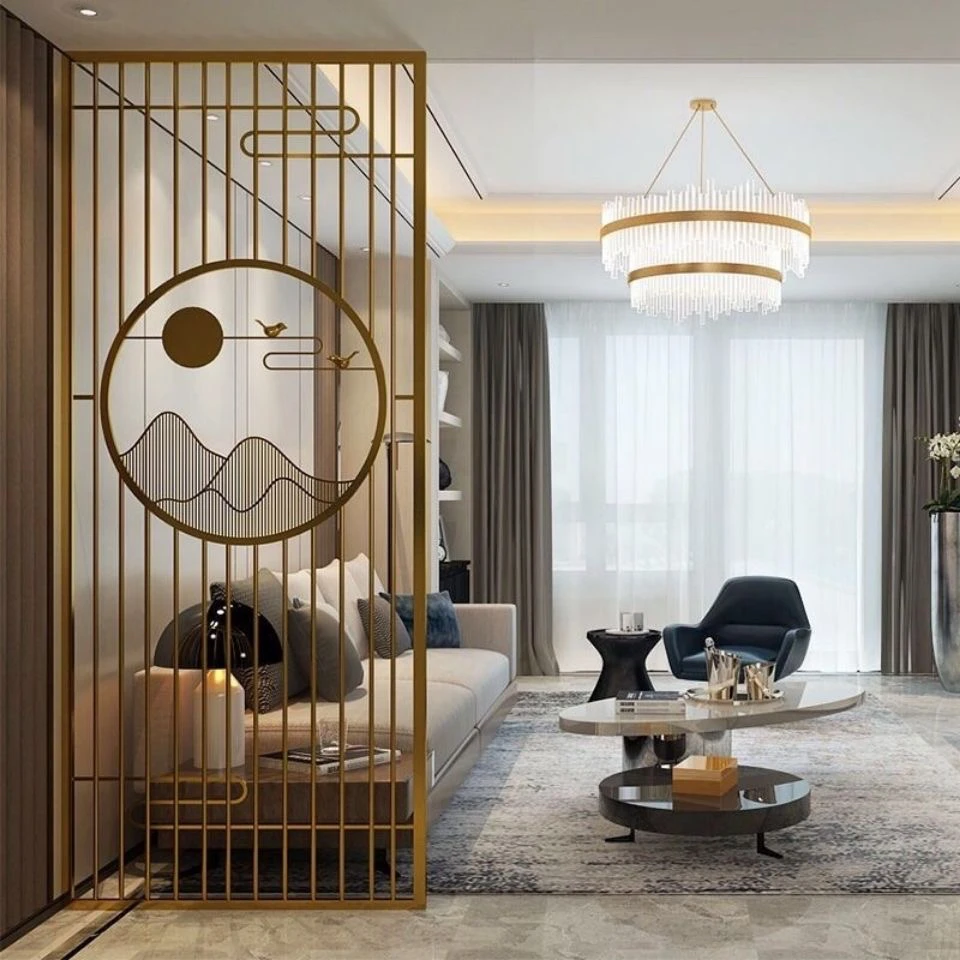 新中式不锈钢玻璃屏风隔断铁艺入户门轻奢卫生间半墙隔断玻璃屏风