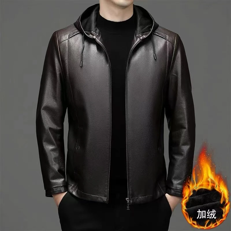 【HG皇冠】男士2226 新款牛皮休闲时尚高端连帽加绒外套百搭