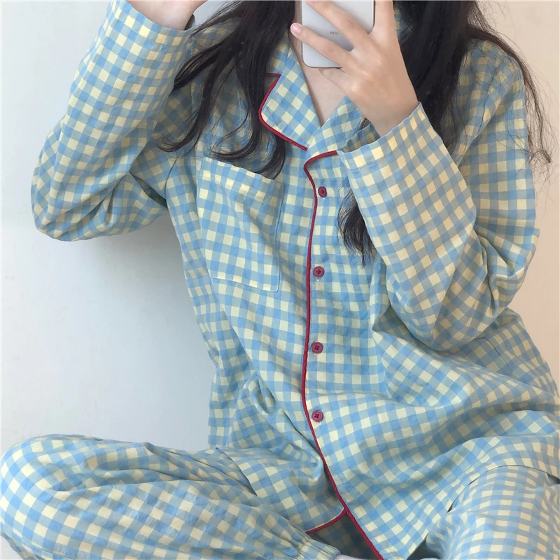 ins格子睡衣女春秋大码胖MM200斤棉感简约新款开衫长袖学生家居服